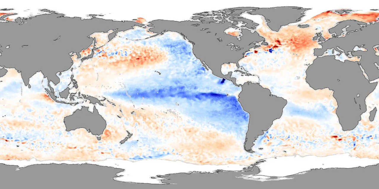 Satellietbeeld van temperatuurafwijkingen aan het wateroppervlak van de Stille Oceaan, met warmere (rood) en koelere (blauw) zones die horen bij El Niño- en La Niña-patronen.